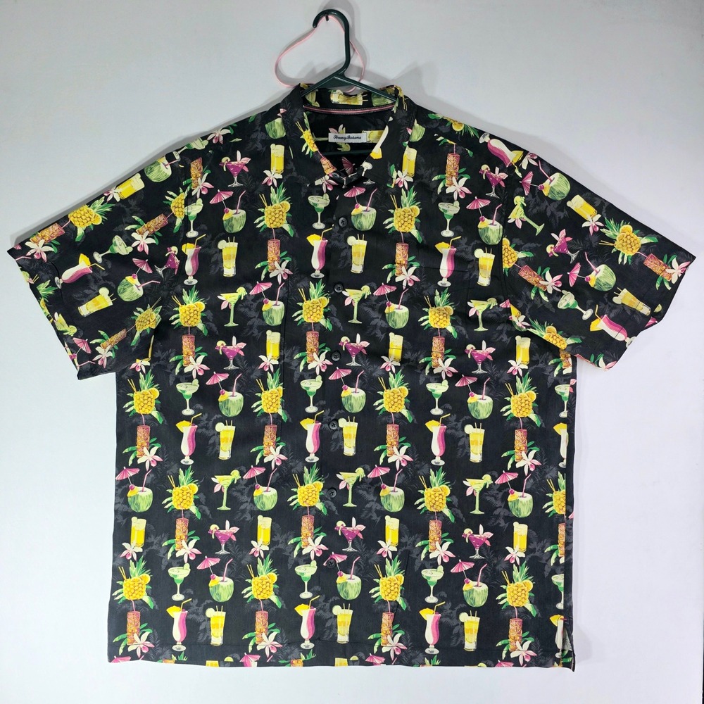 Tommy Bahama Mens 2XLT 100% SILK Tropical Cocktail Tiki Print Camp Shirt Black